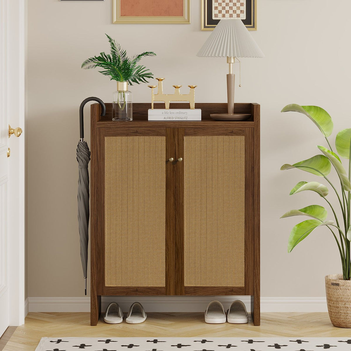 Mid-Century Shoe Cabinet with Woven Door Fronts
