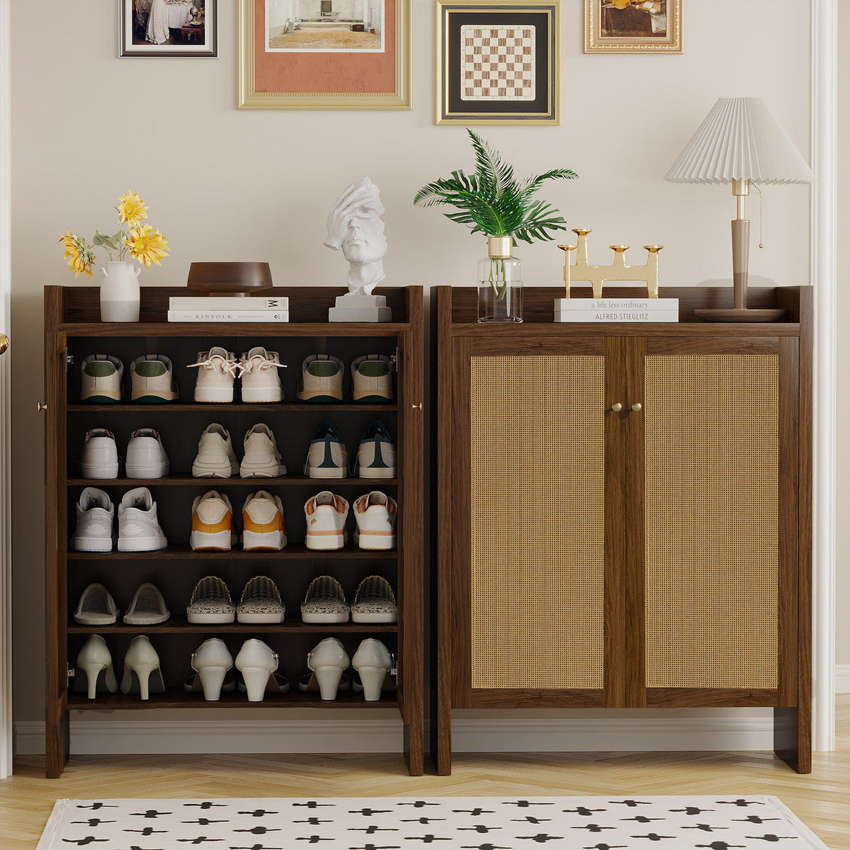 Mid-Century Shoe Cabinet with Woven Door Fronts