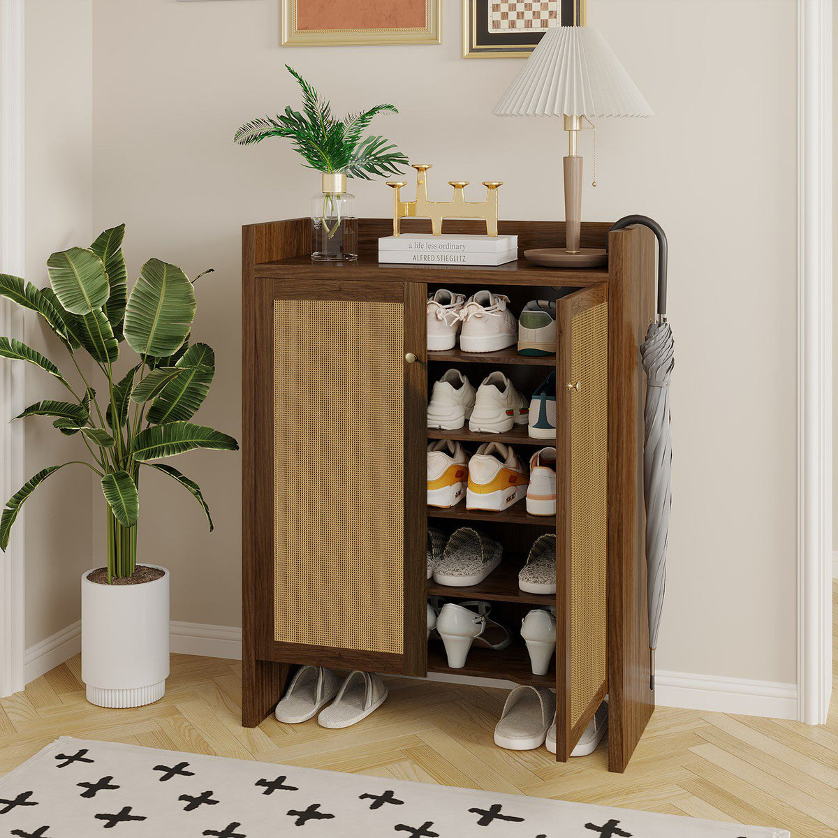 Mid-Century Shoe Cabinet with Woven Door Fronts