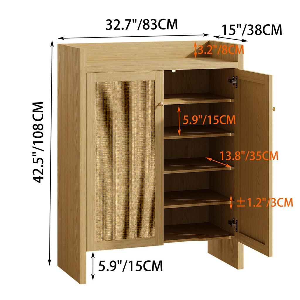 Mid-Century Rattan Shoe Cabinet with Adjustable Shelves