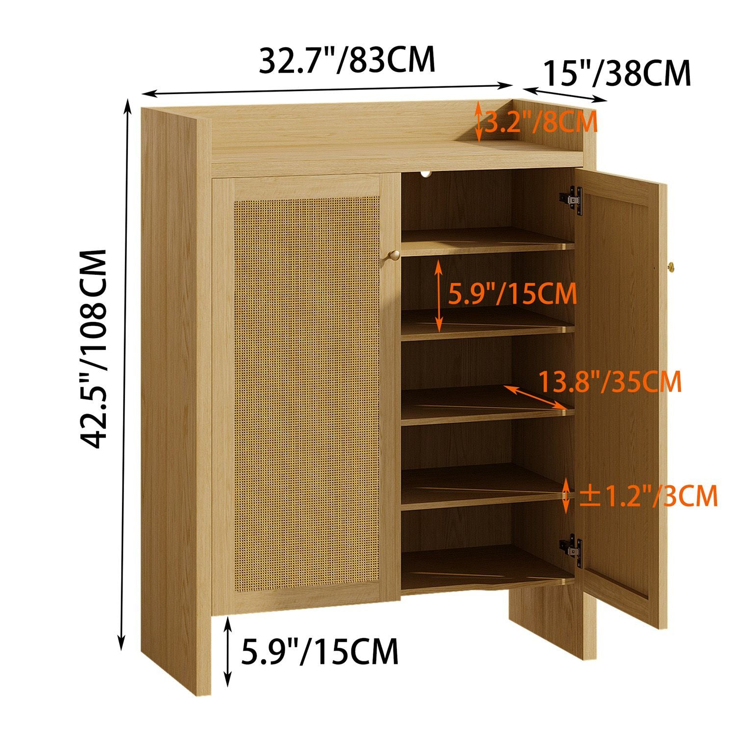 Mid-Century Rattan Shoe Cabinet with Adjustable Shelves