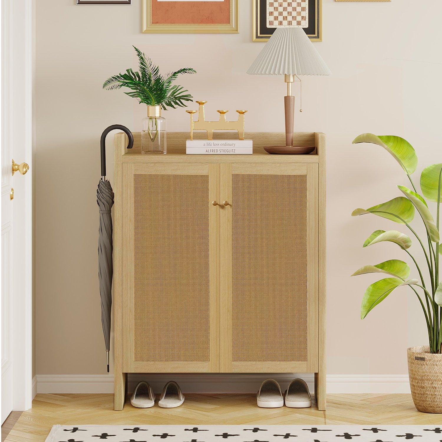 Mid-Century Rattan Shoe Cabinet with Adjustable Shelves