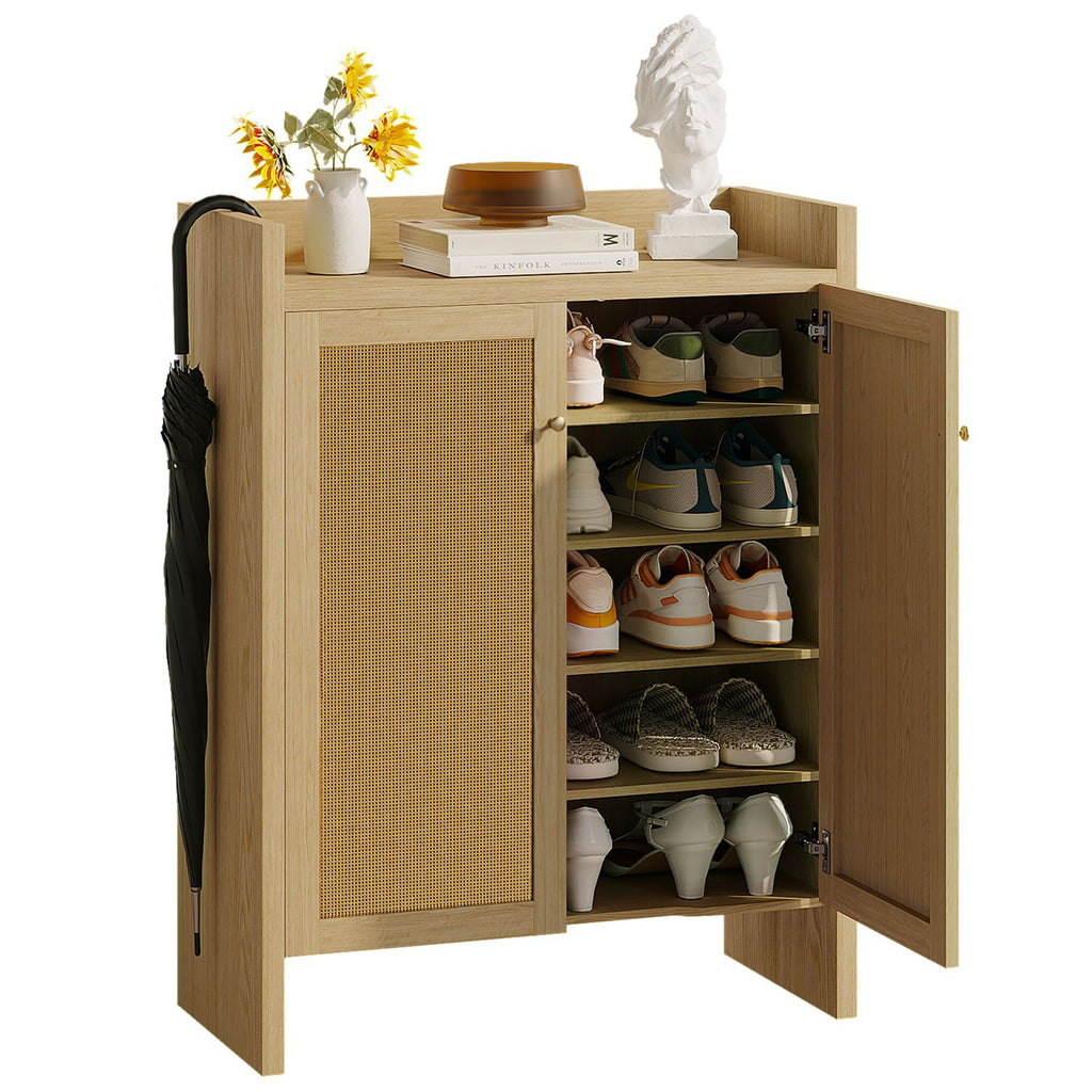 Mid-Century Rattan Shoe Cabinet with Adjustable Shelves