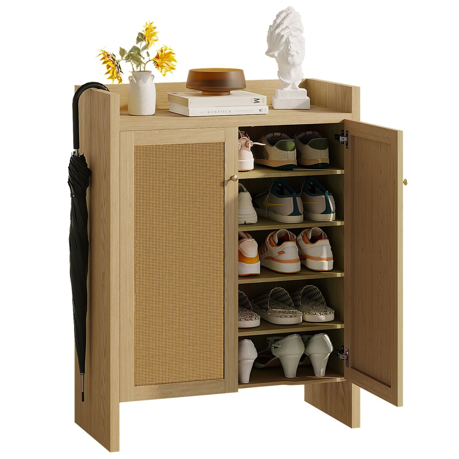 Mid-Century Rattan Shoe Cabinet with Adjustable Shelves