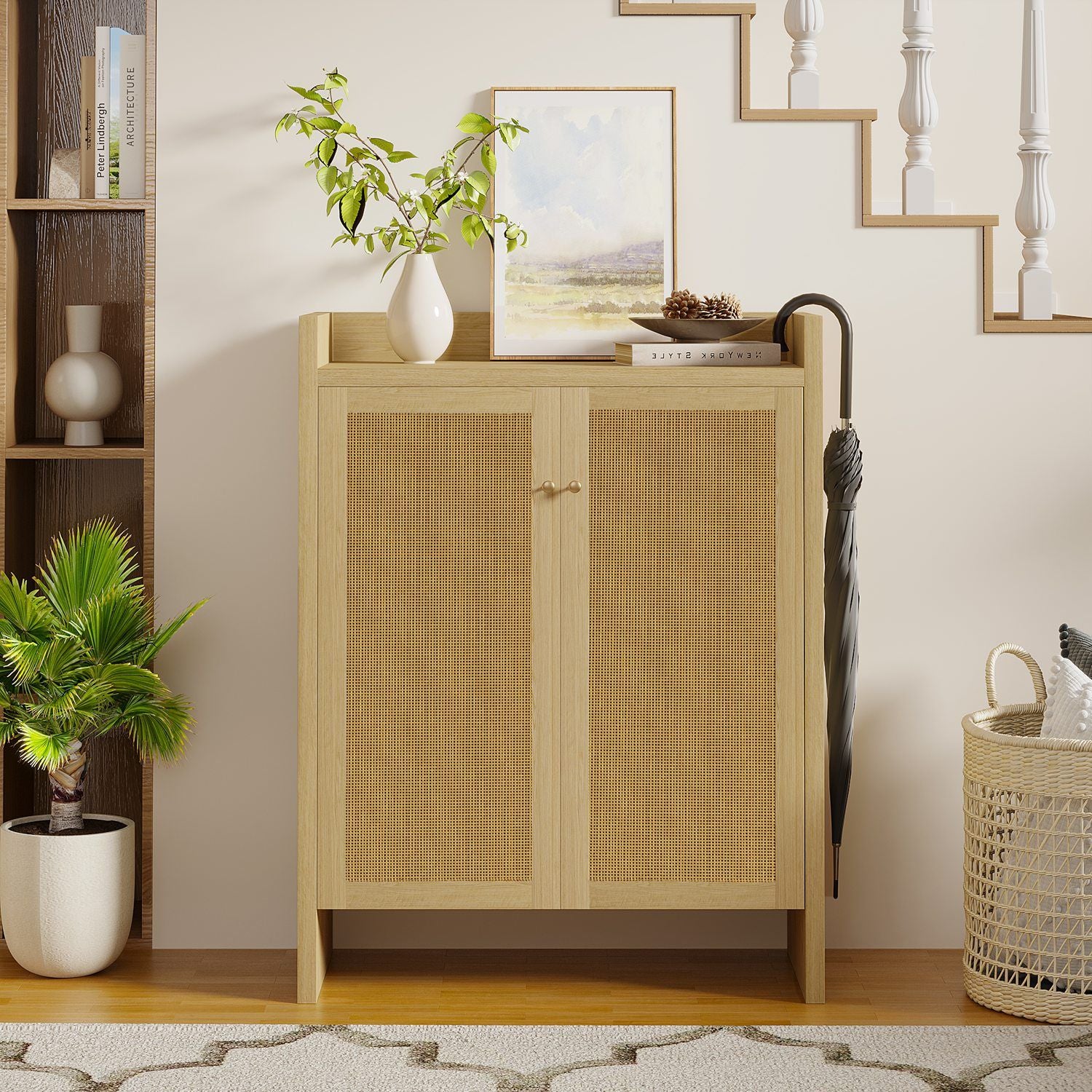 Mid-Century Rattan Shoe Cabinet with Adjustable Shelves