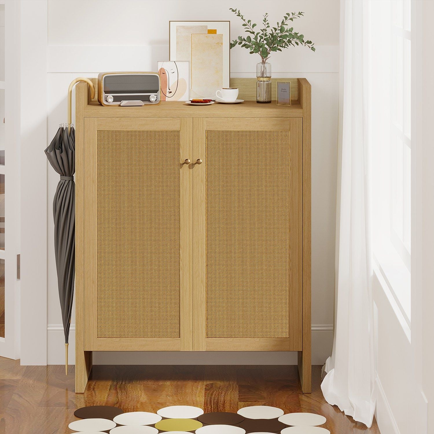 Mid-Century Rattan Shoe Cabinet with Adjustable Shelves