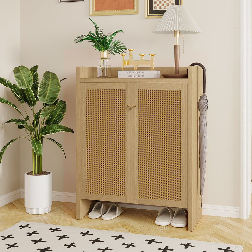 Mid-Century Rattan Shoe Cabinet with Adjustable Shelves
