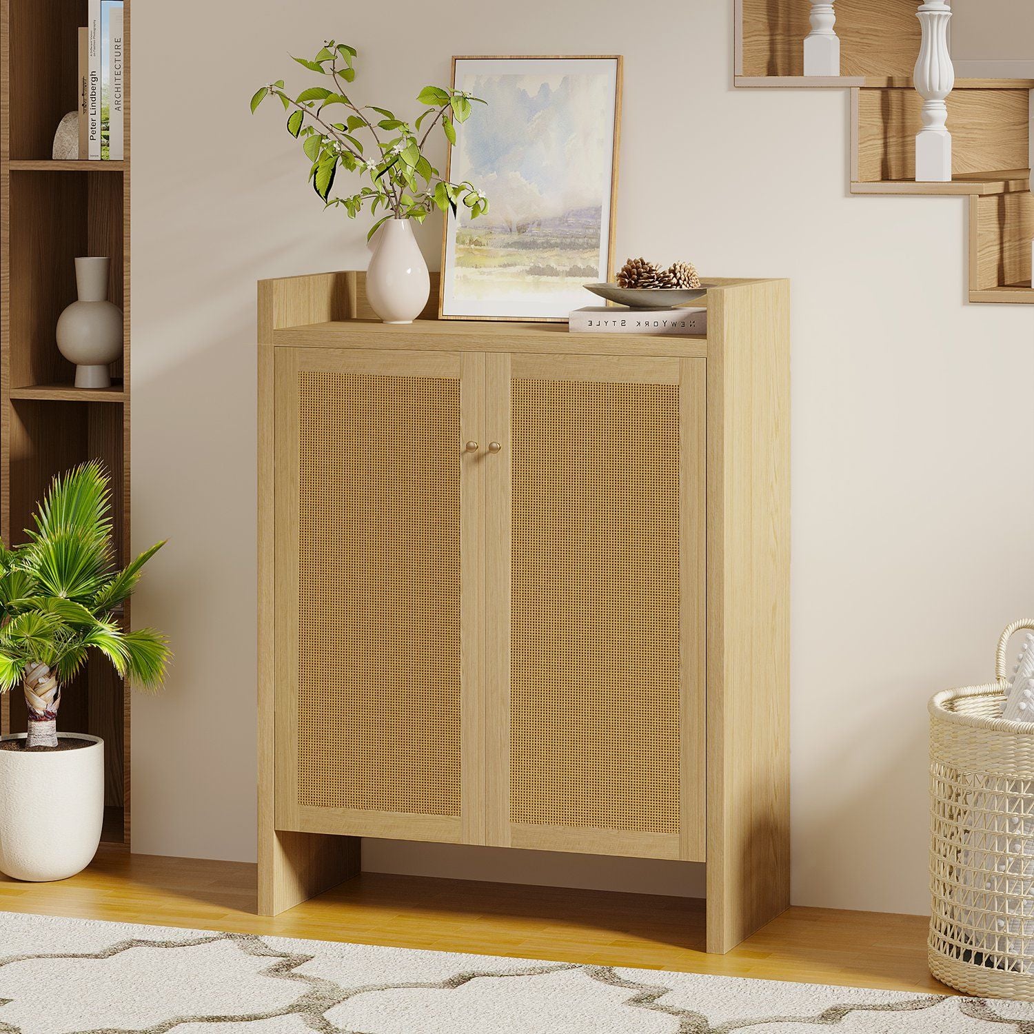Mid-Century Rattan Shoe Cabinet with Adjustable Shelves