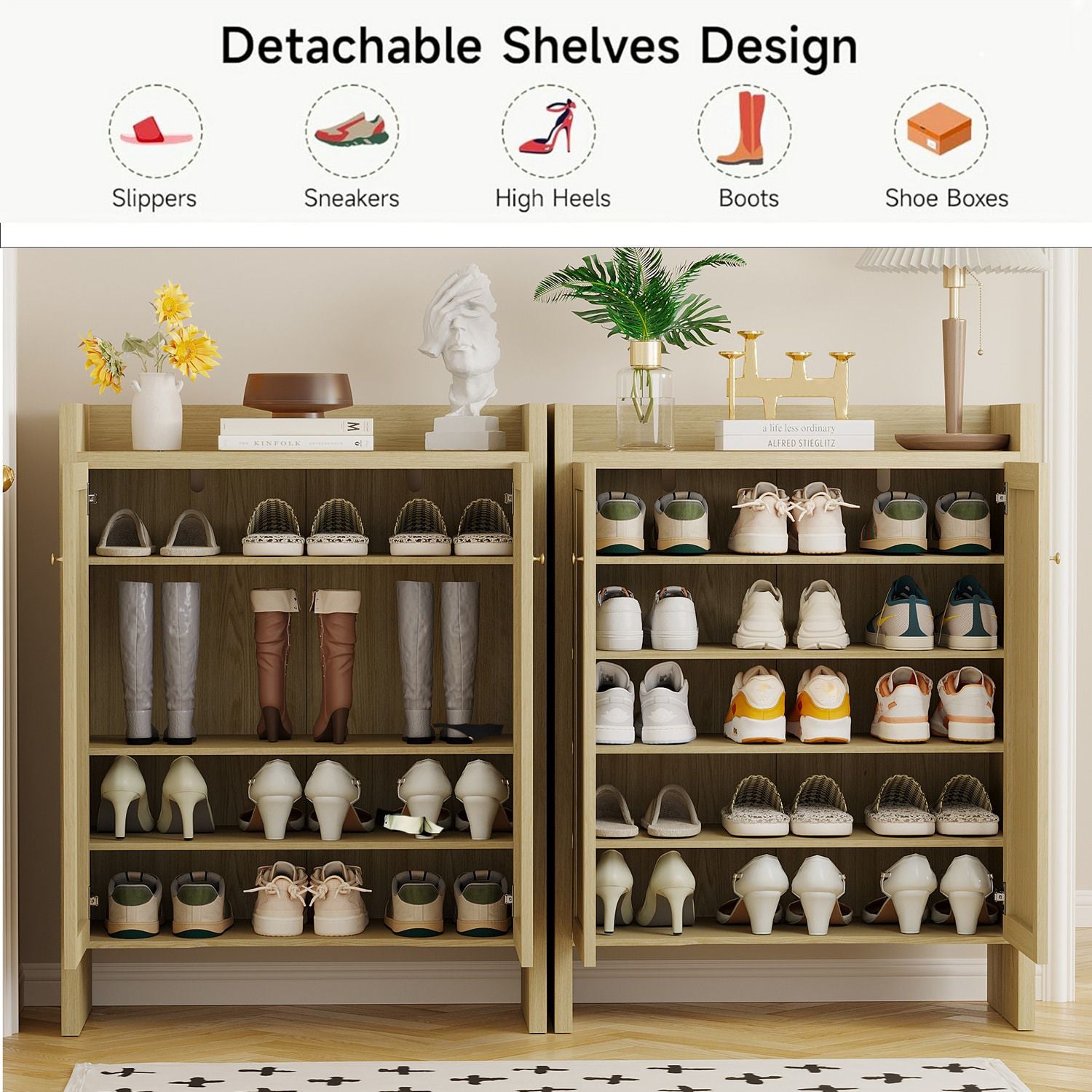 Mid-Century Rattan Shoe Cabinet with Adjustable Shelves