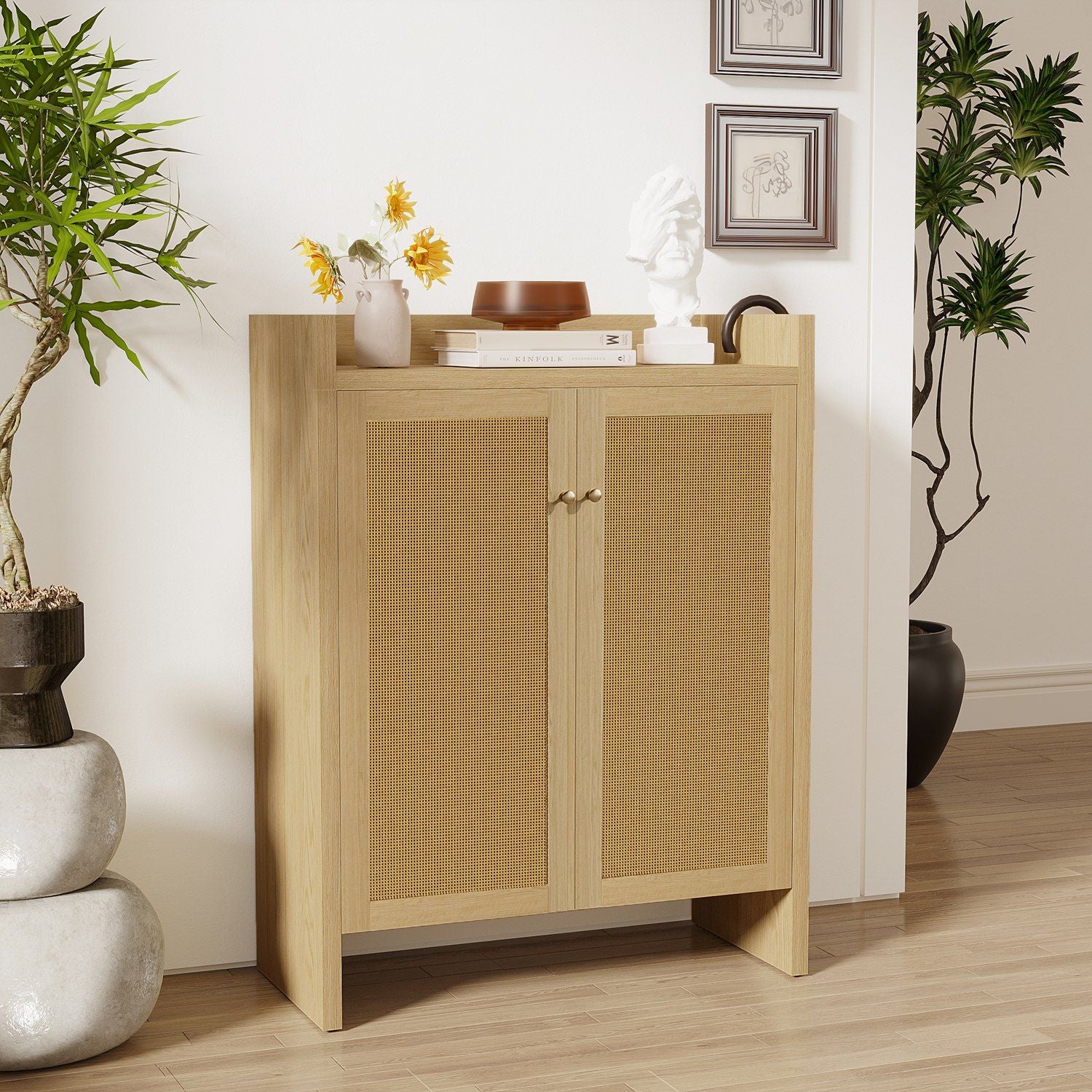 Mid-Century Rattan Shoe Cabinet with Adjustable Shelves