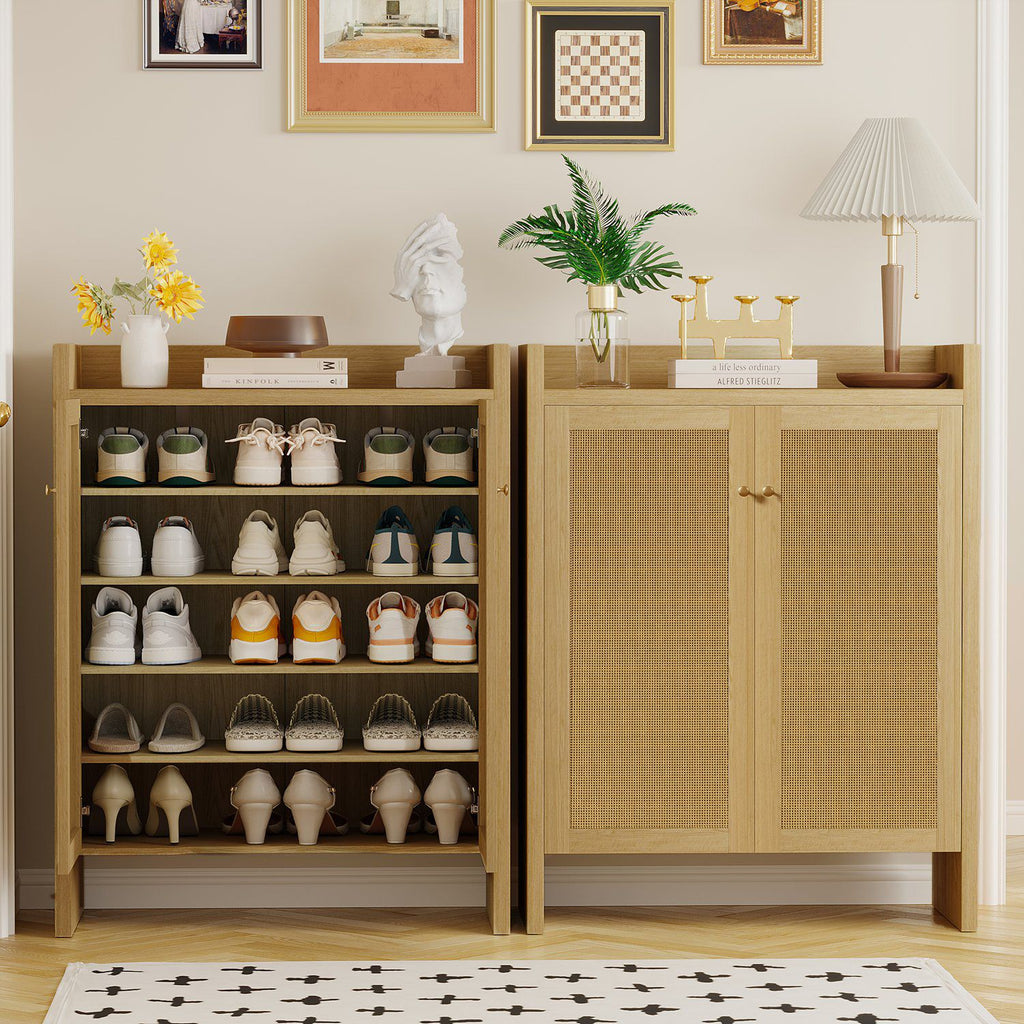 Mid-Century Rattan Shoe Cabinet with Adjustable Shelves
