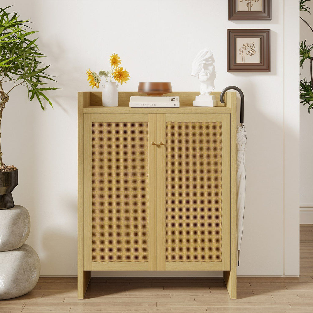 Mid-Century Rattan Shoe Cabinet with Adjustable Shelves