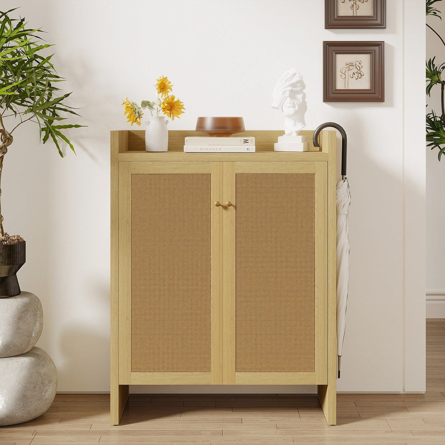 Mid-Century Rattan Shoe Cabinet with Adjustable Shelves