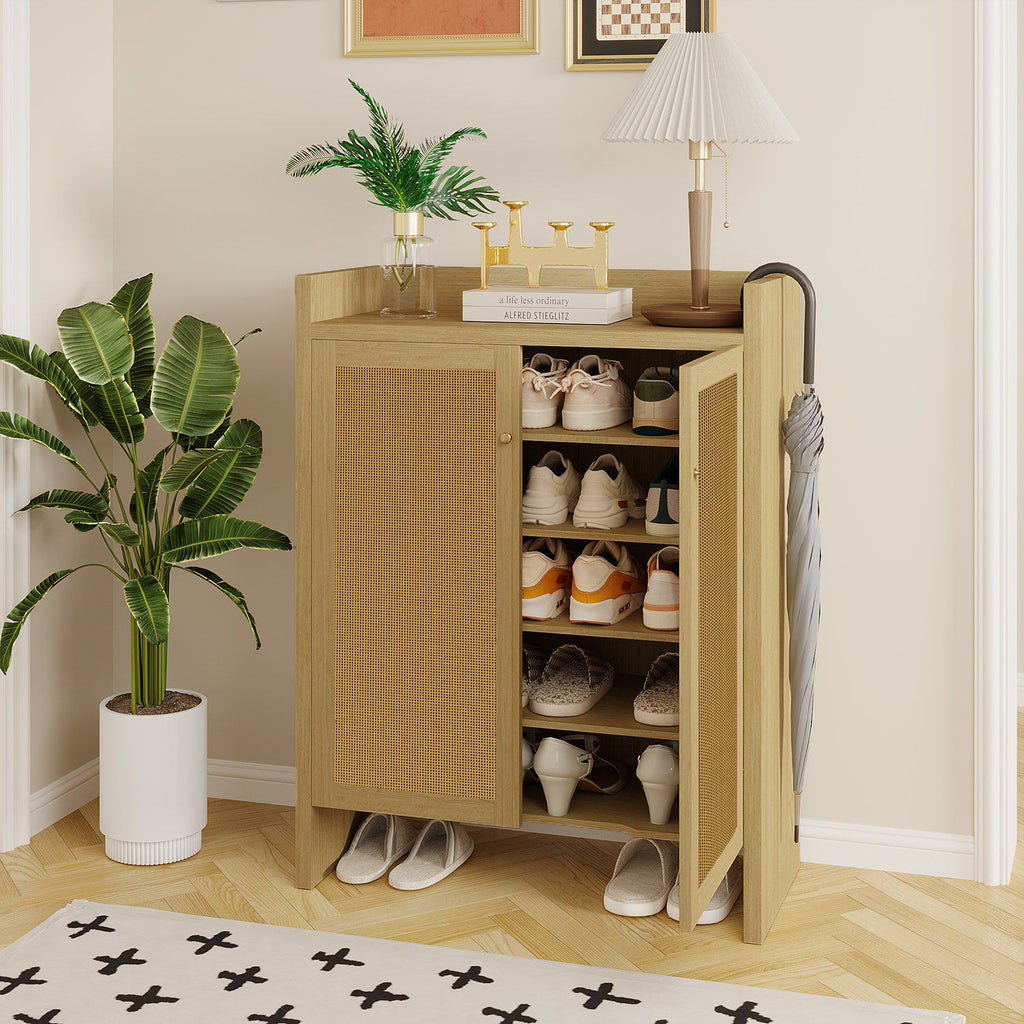 Mid-Century Rattan Shoe Cabinet with Adjustable Shelves