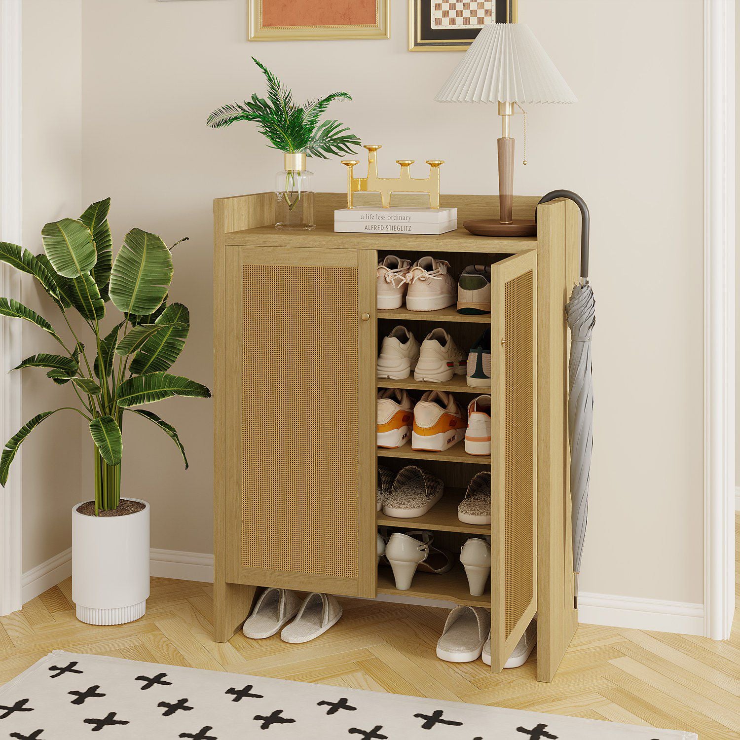 Mid-Century Rattan Shoe Cabinet with Adjustable Shelves