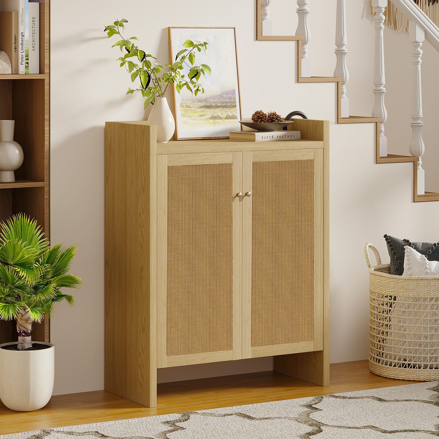 Mid-Century Rattan Shoe Cabinet with Adjustable Shelves