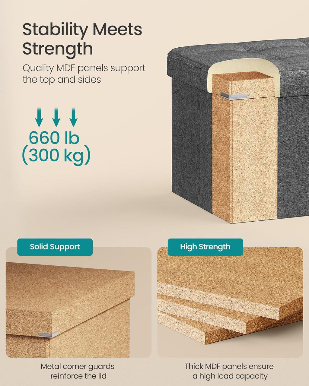 Large Folding Storage Ottoman Bench with Removable Divider