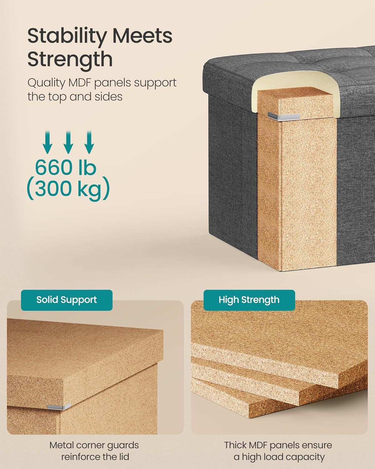 Large Folding Storage Ottoman Bench with Removable Divider