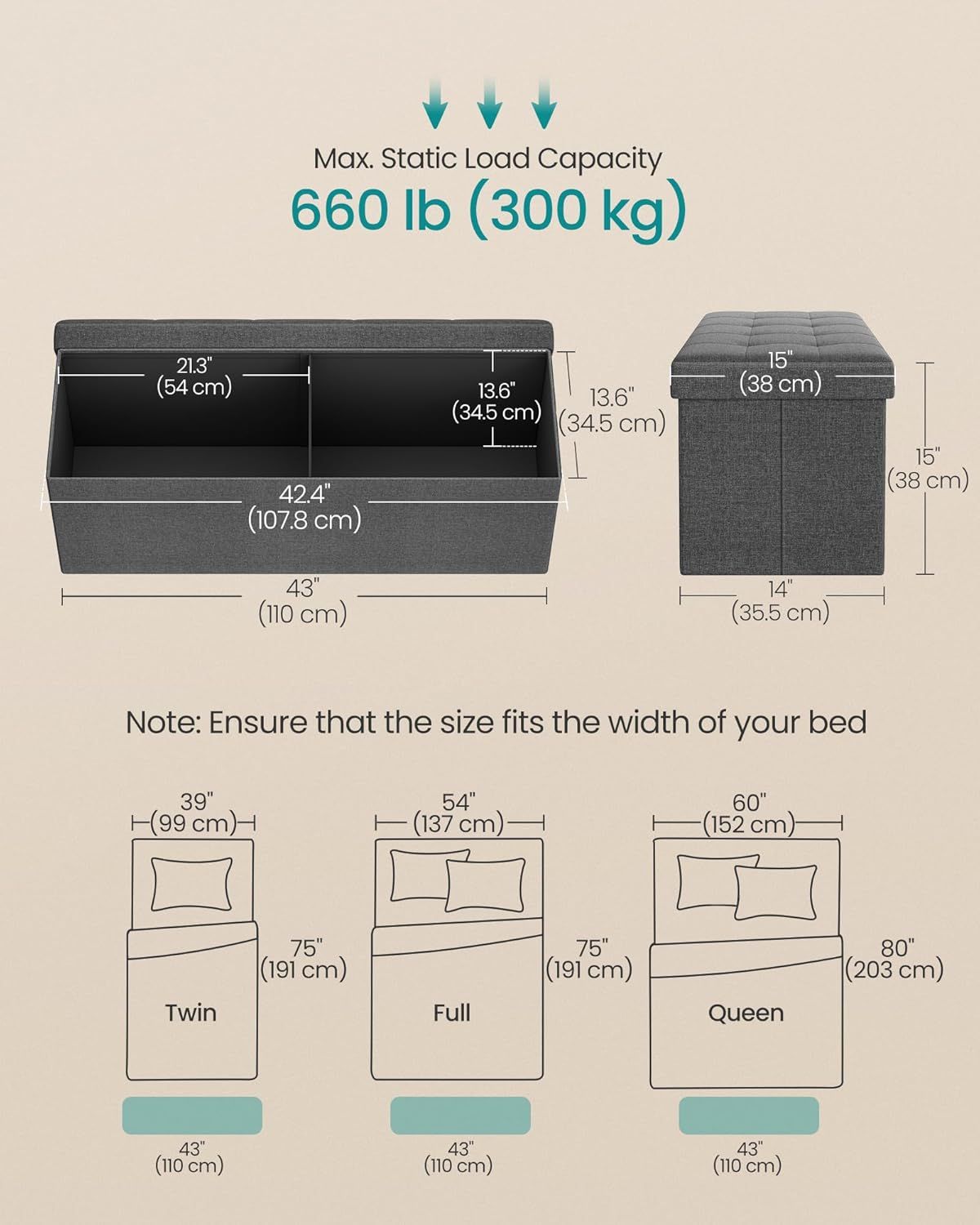 Large Folding Storage Ottoman Bench with Removable Divider