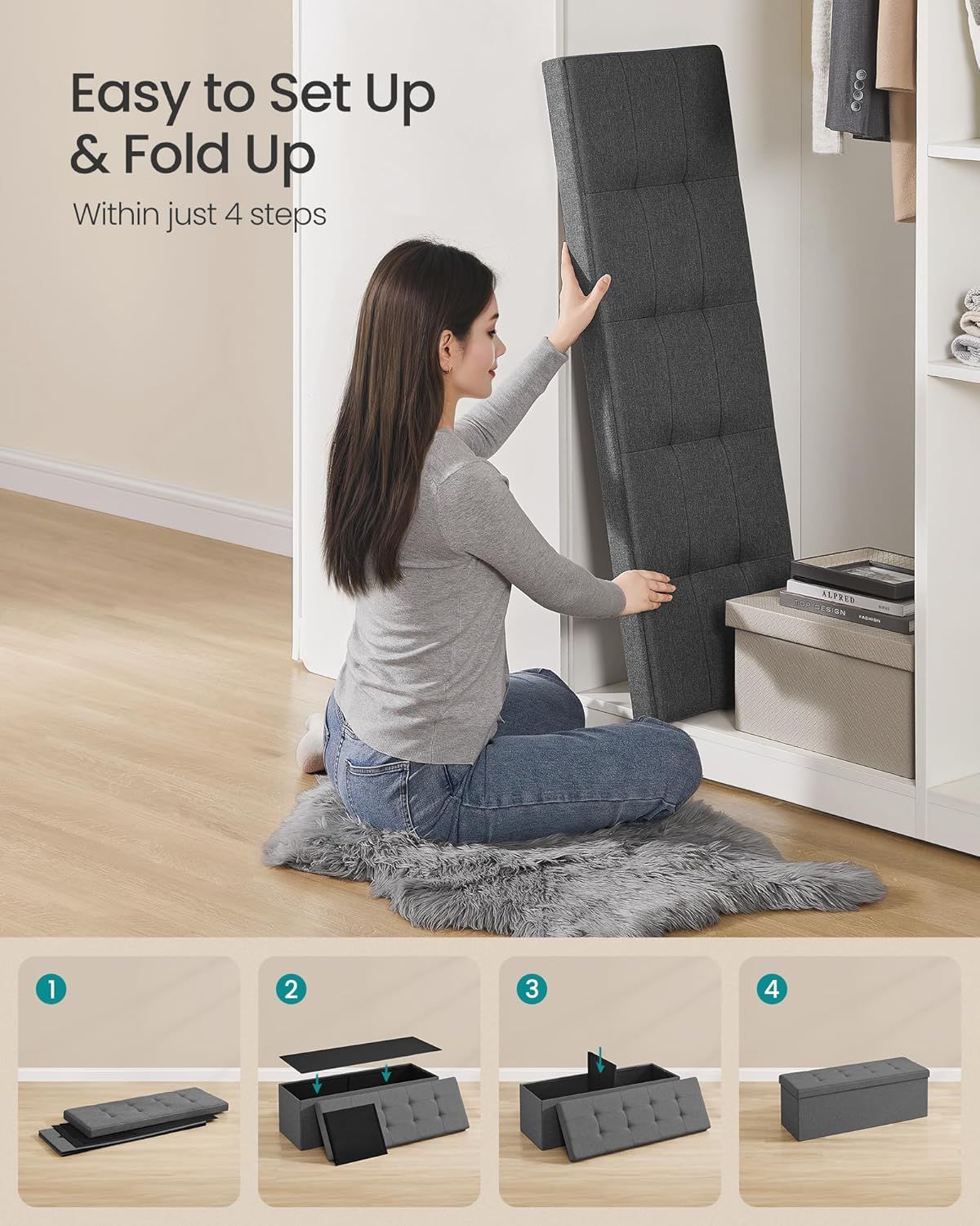 Large Folding Storage Ottoman Bench with Removable Divider