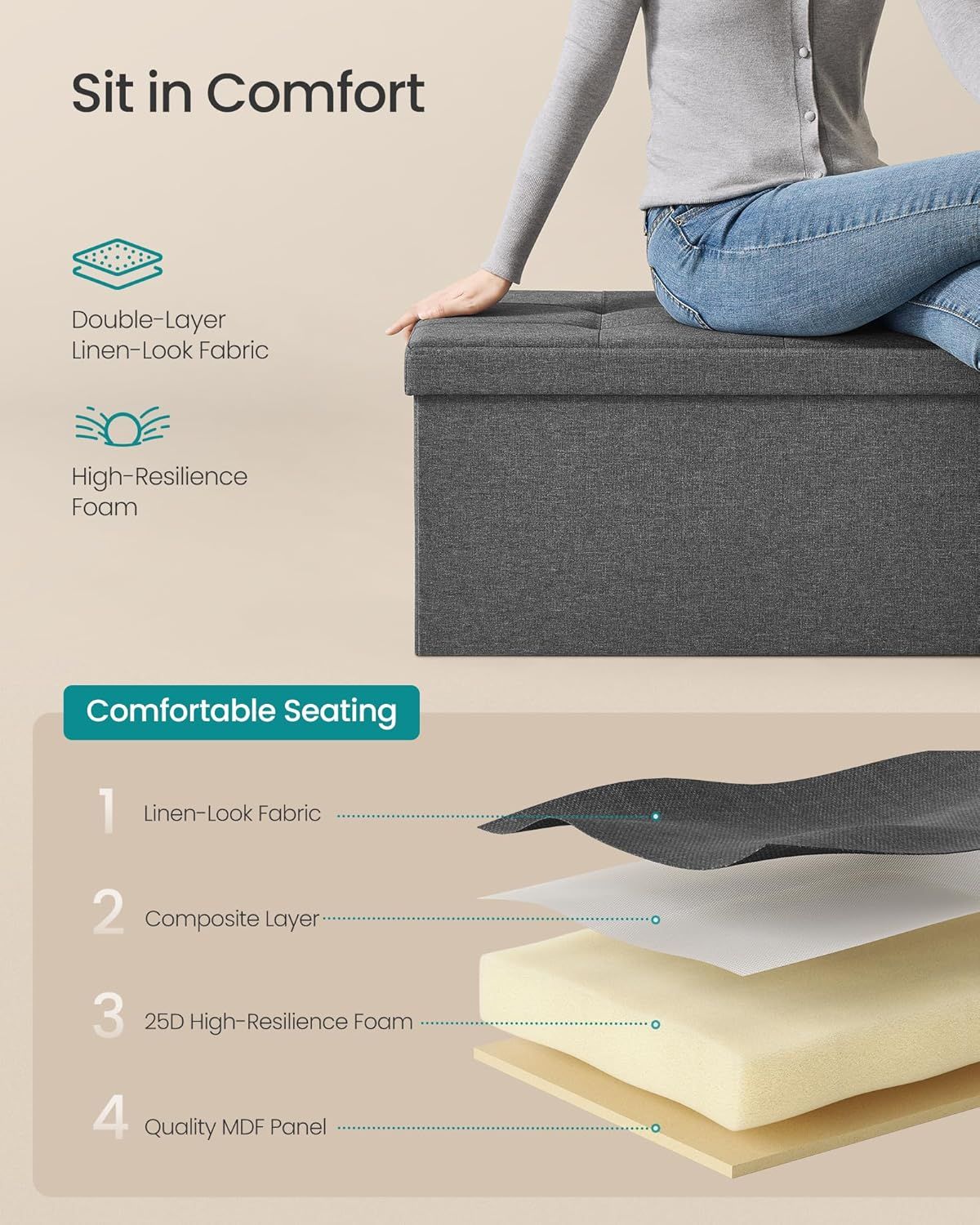 Large Folding Storage Ottoman Bench with Removable Divider