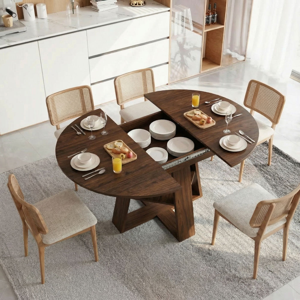 Walnut Extendable Round-to-Oval Dining Table