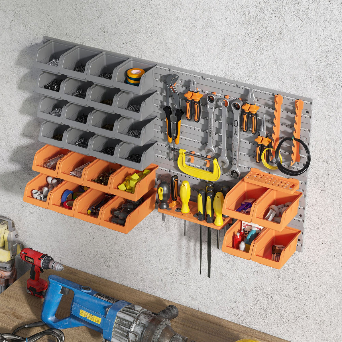Orange 44-Piece Wall-Mounted Pegboard Tool Organizer with Bins and Hooks