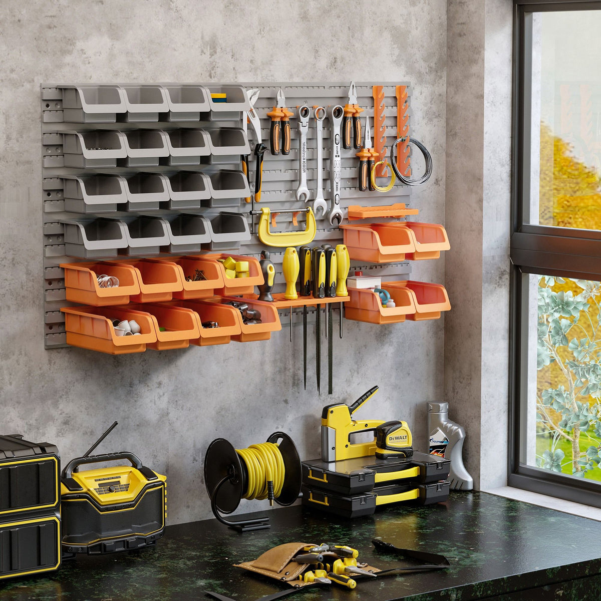 Orange 44-Piece Wall-Mounted Pegboard Tool Organizer with Bins and Hooks