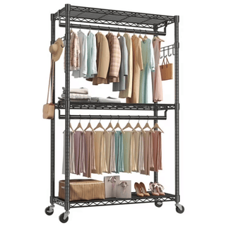 Rolling Clothes Rack with Adjustable Shelves, Removable Rods and Side Hooks