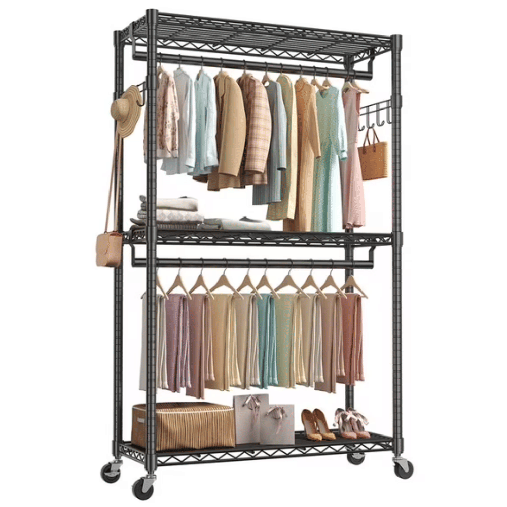 Rolling Clothes Rack with Adjustable Shelves, Removable Rods and Side Hooks