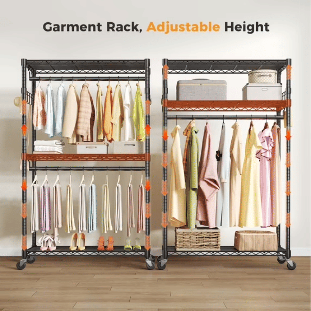 Rolling Clothes Rack with Adjustable Shelves, Removable Rods and Side Hooks