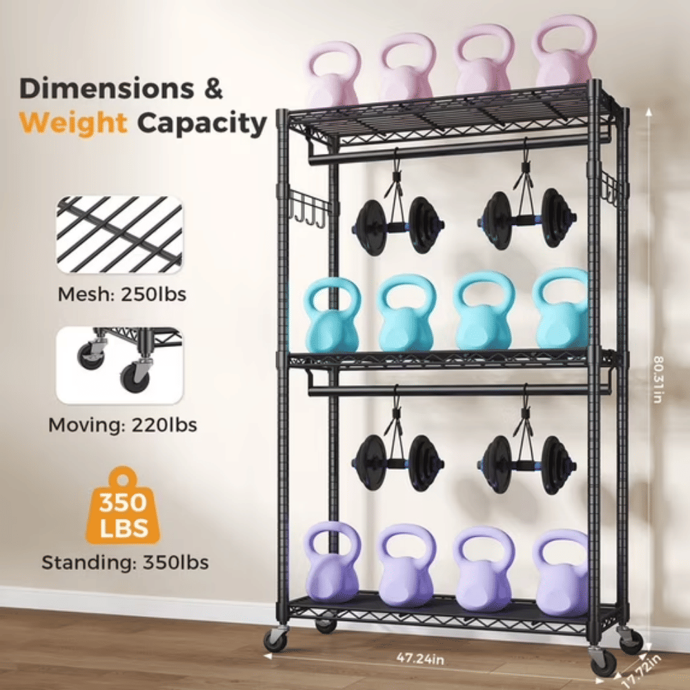 Rolling Clothes Rack with Adjustable Shelves, Removable Rods and Side Hooks