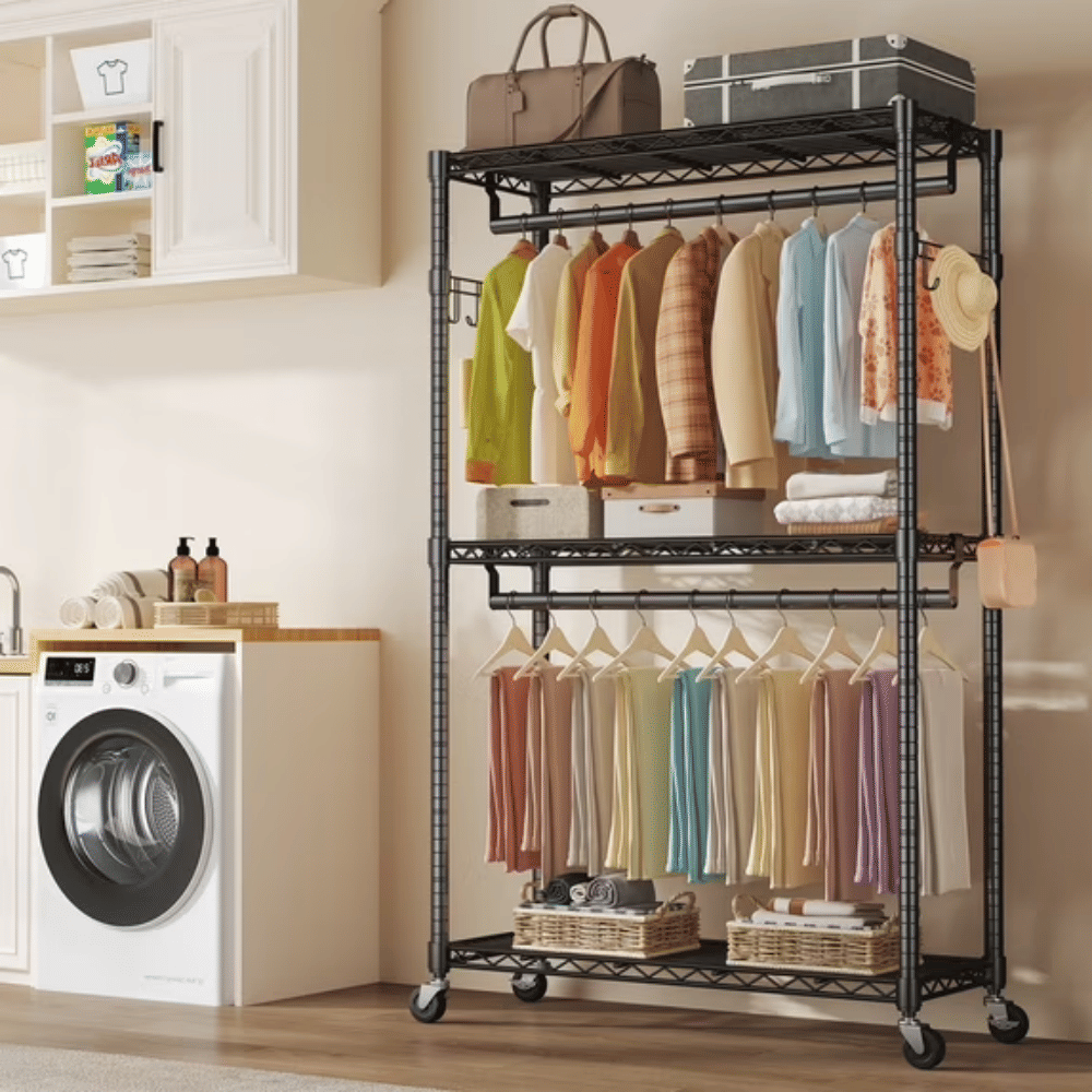 Rolling Clothes Rack with Adjustable Shelves, Removable Rods and Side Hooks