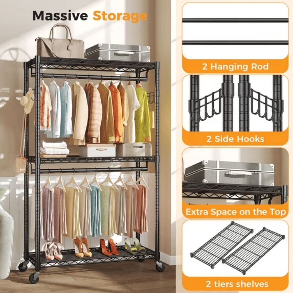 Rolling Clothes Rack with Adjustable Shelves, Removable Rods and Side Hooks