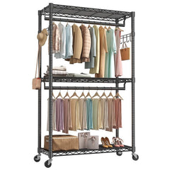 Rolling Clothes Rack with Adjustable Shelves and Hooks