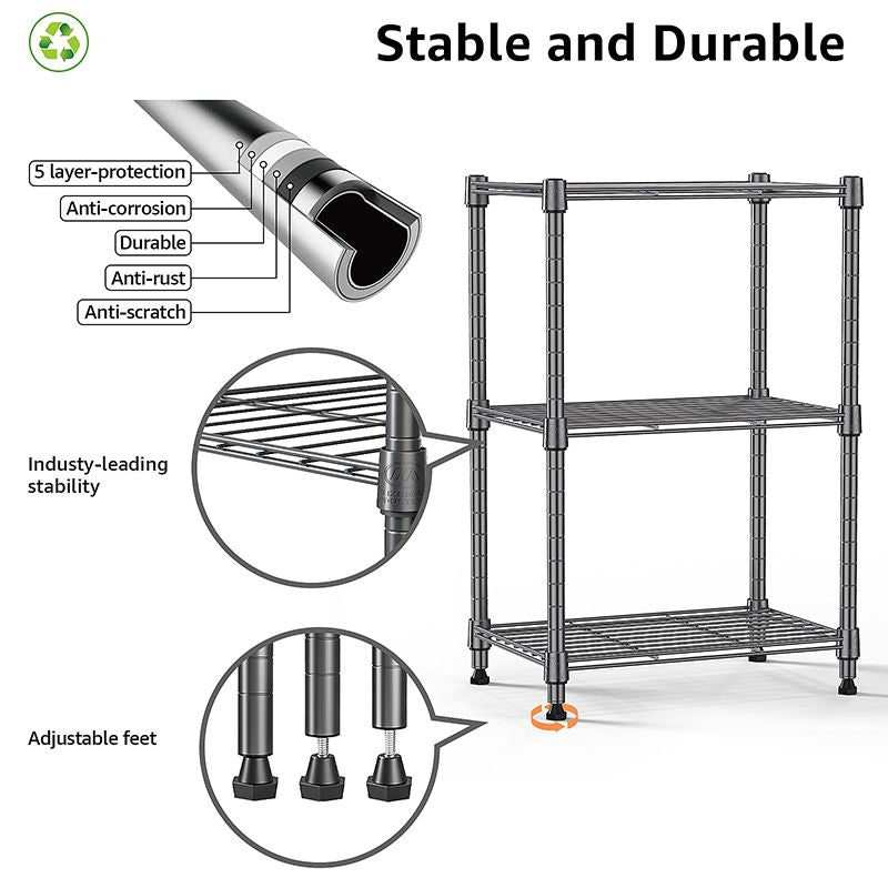 Adjustable 3-Tier Wire Storage Shelving Unit for Home and Office