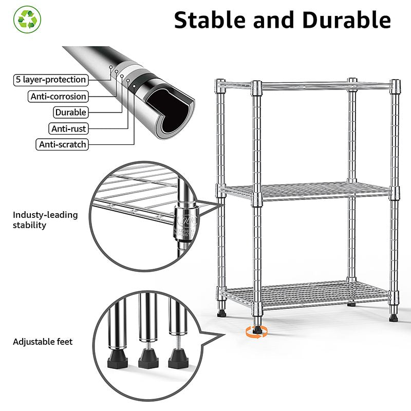 Adjustable 3-Tier Wire Storage Shelving Unit for Home and Office