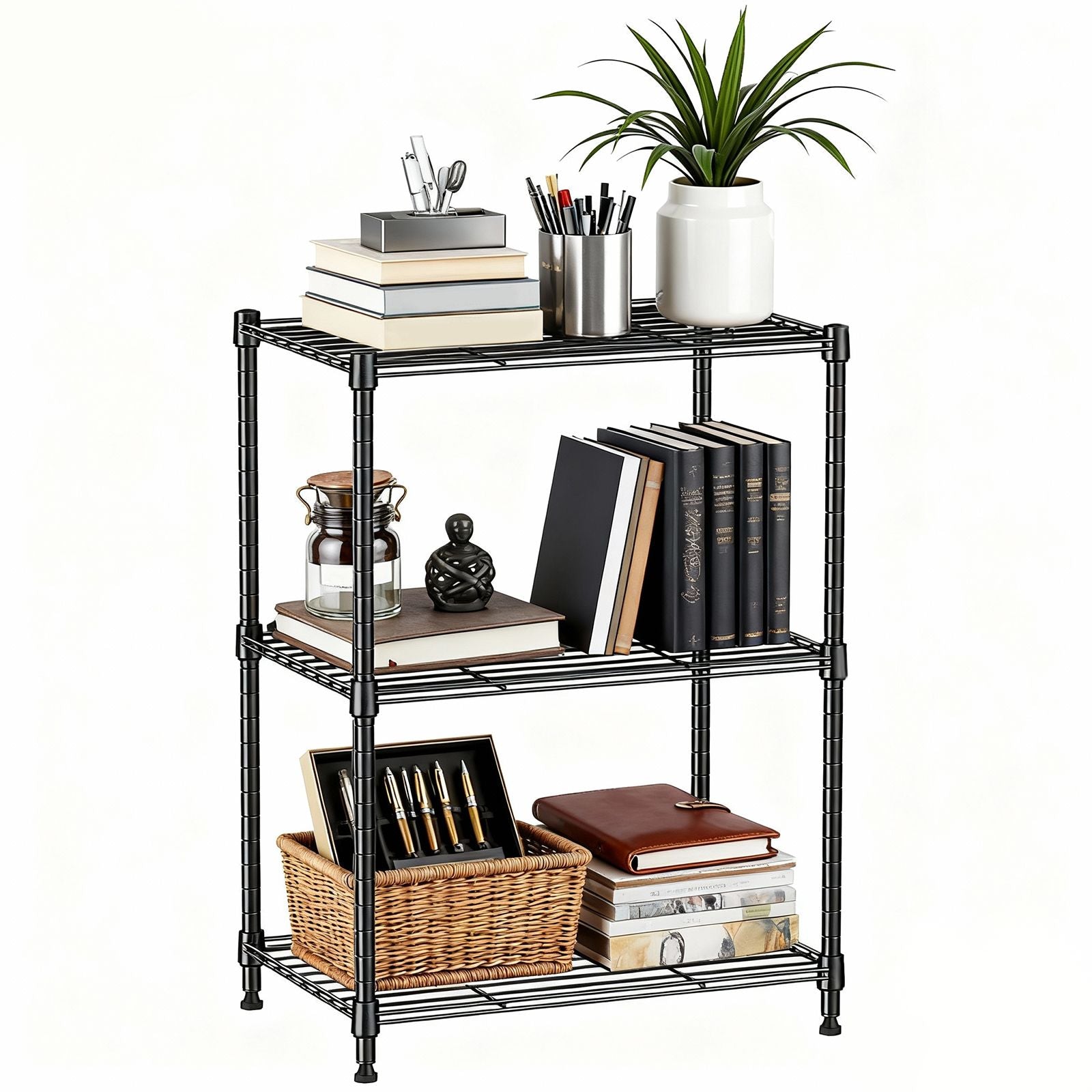 Adjustable 3-Tier Wire Storage Shelving Unit for Home and Office - Grey