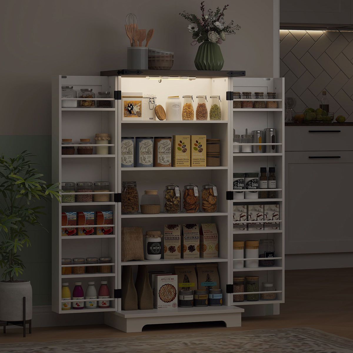 Farmhouse Pantry Cabinet with Motion-Activated LED Light