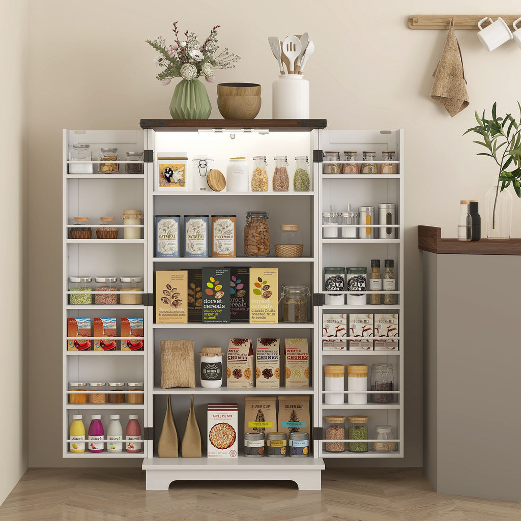 Farmhouse Pantry Cabinet with Motion-Activated LED Light