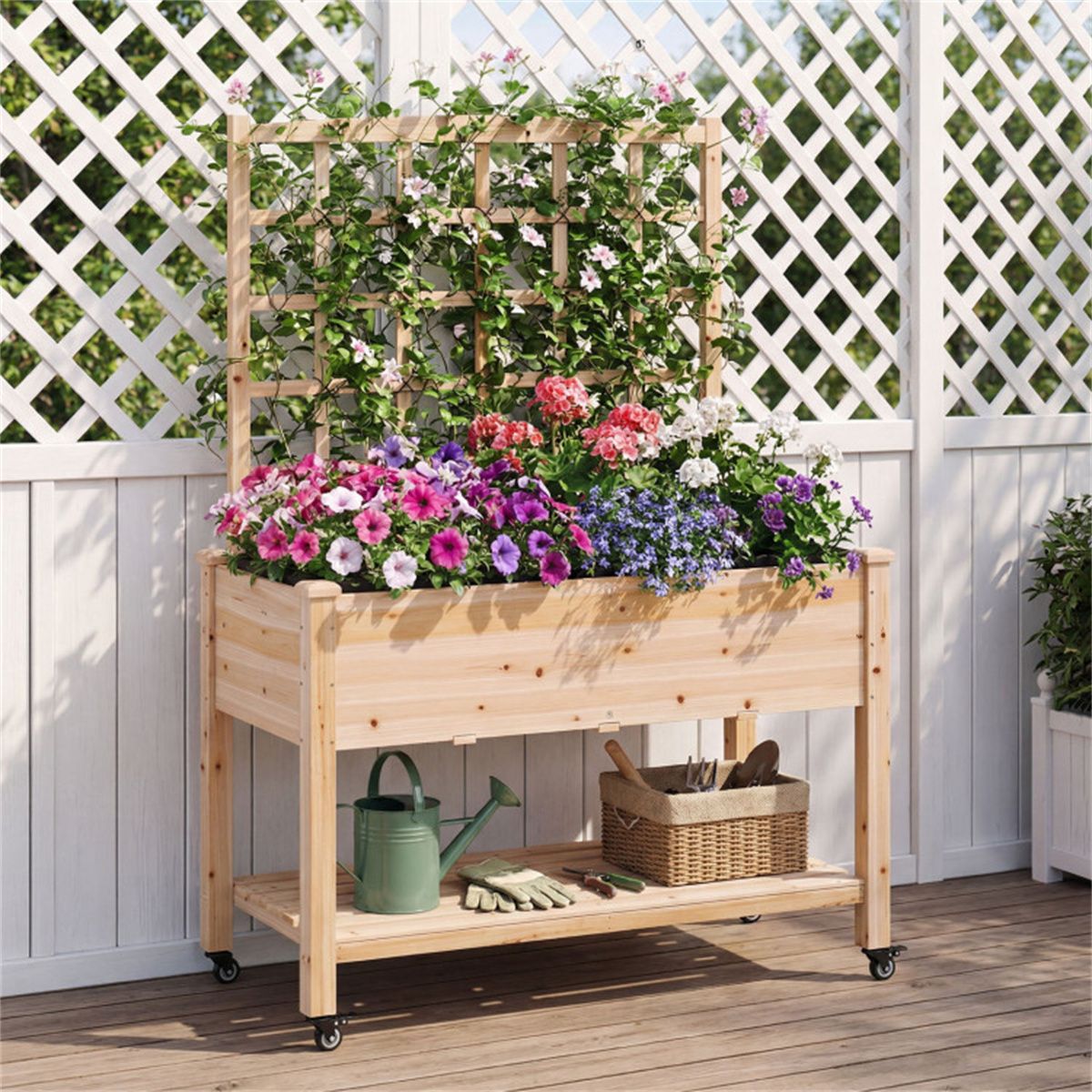 Mobile Raised Garden Bed with Trellis and Locking Wheels