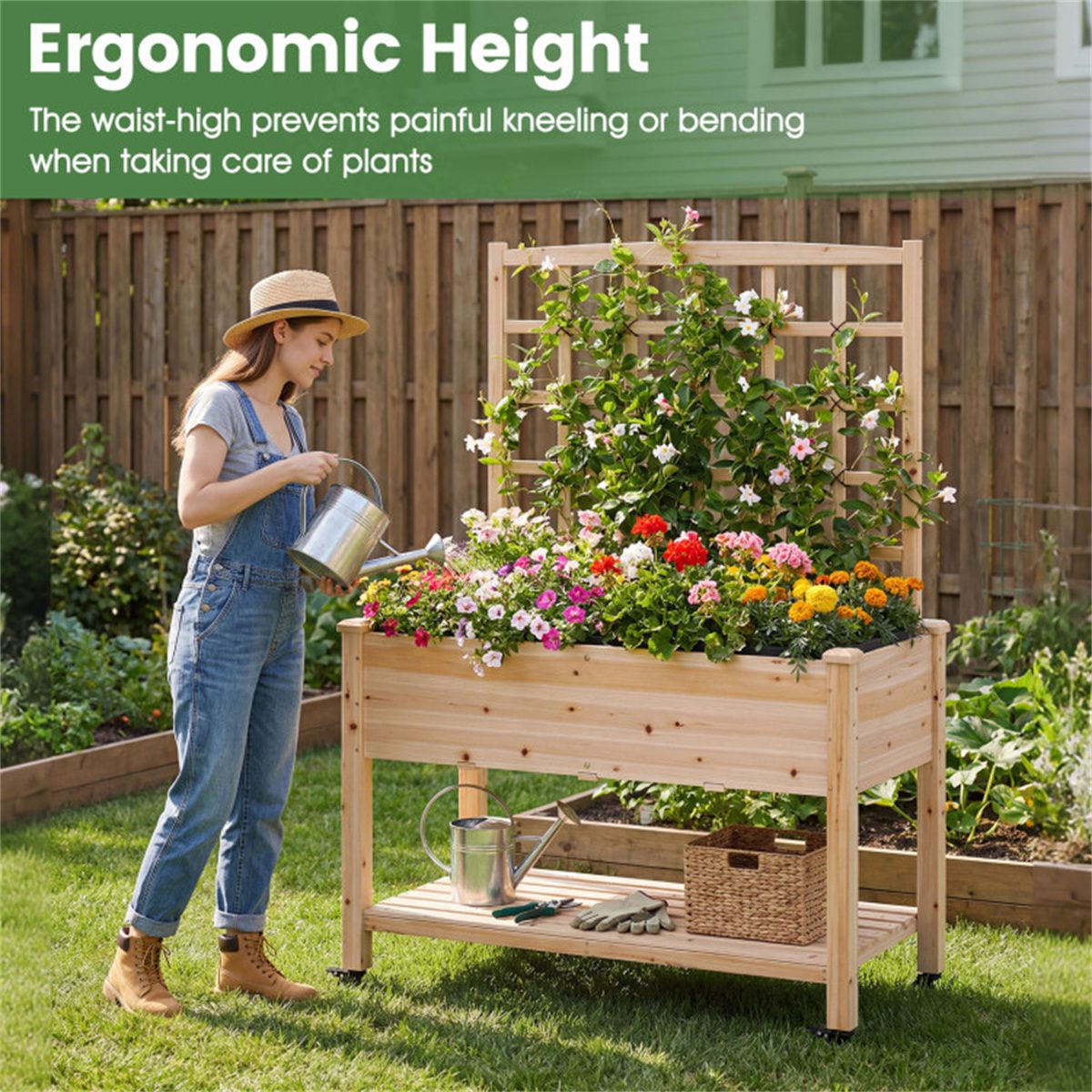 Mobile Raised Garden Bed with Trellis and Locking Wheels