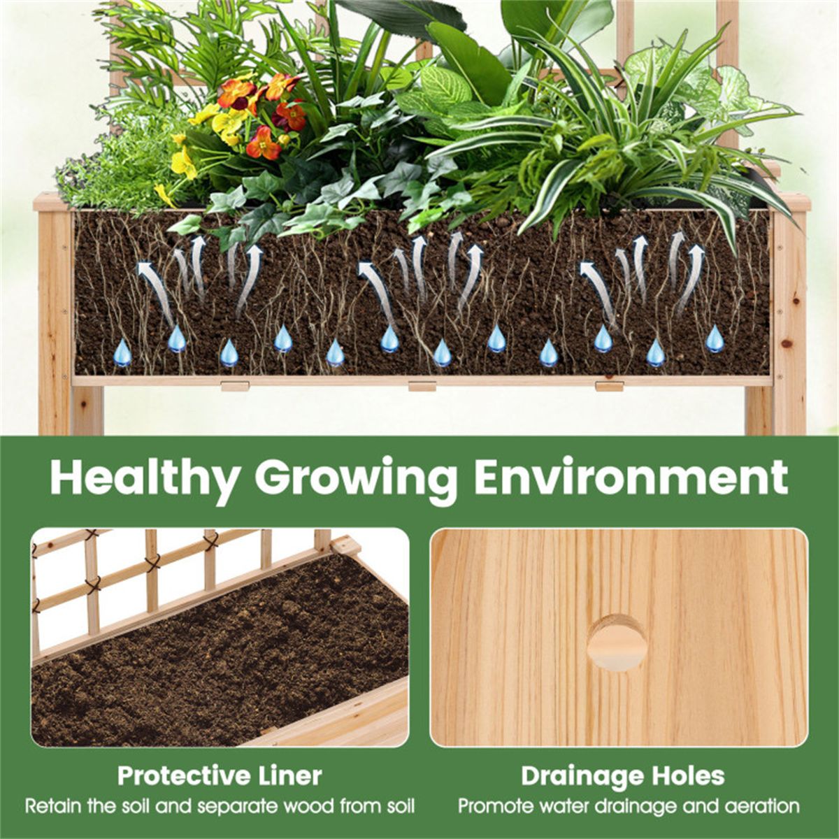 Mobile Raised Garden Bed with Trellis and Locking Wheels