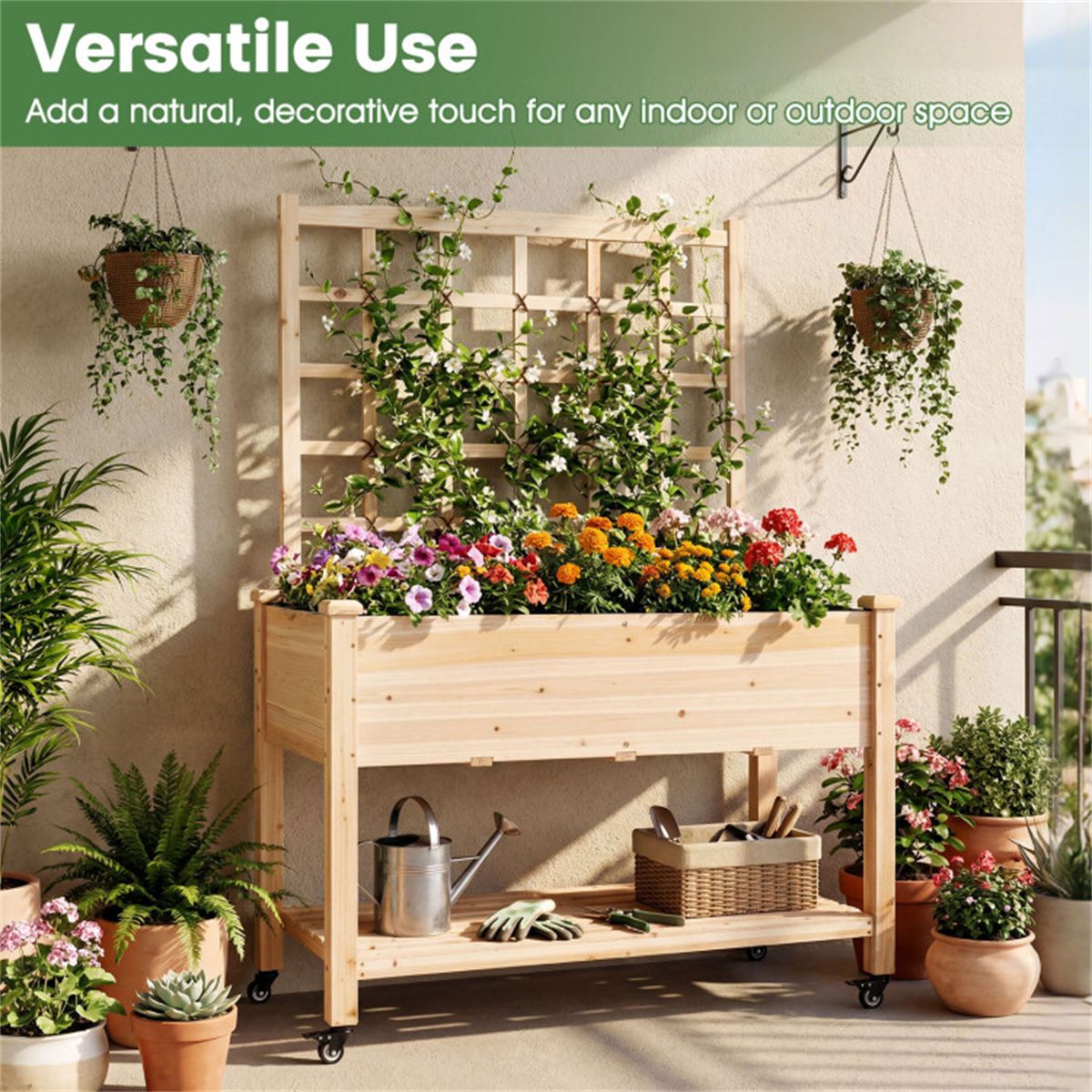 Mobile Raised Garden Bed with Trellis and Locking Wheels