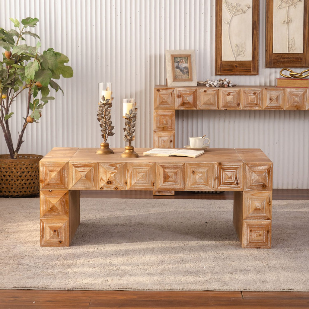 Rustic Geometric Relief Coffee Table - Solid Wood & MDF Rectangle Coffee Table with 3D Carved