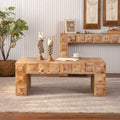 Rustic Geometric Relief Coffee Table - Solid Wood & MDF Rectangle Coffee Table with 3D Carved