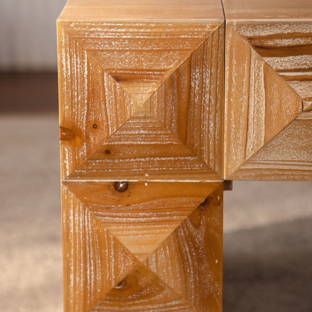 Rustic Geometric Relief Coffee Table - Solid Wood & MDF Rectangle Coffee Table with 3D Carved