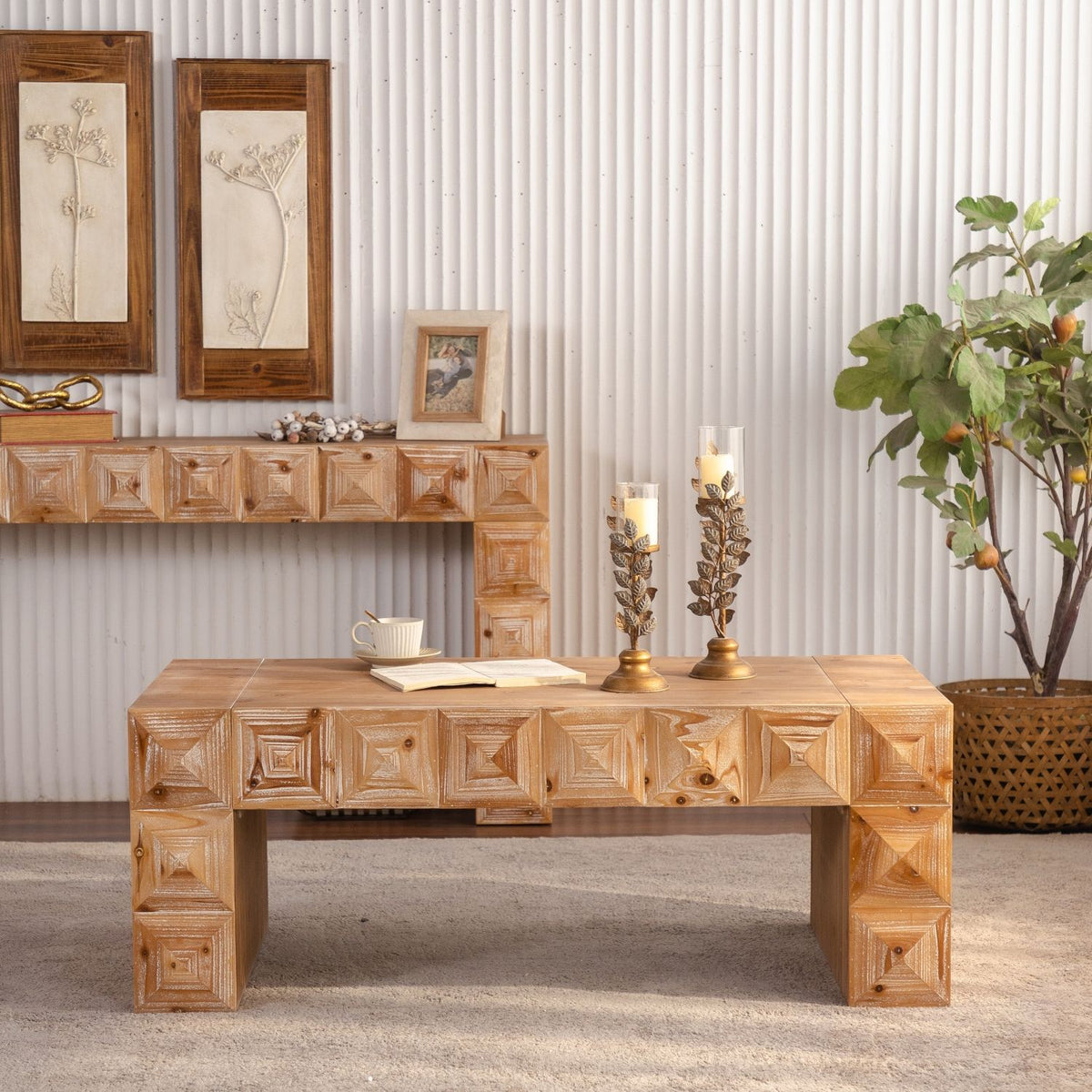 Rustic Geometric Relief Coffee Table - Solid Wood & MDF Rectangle Coffee Table with 3D Carved