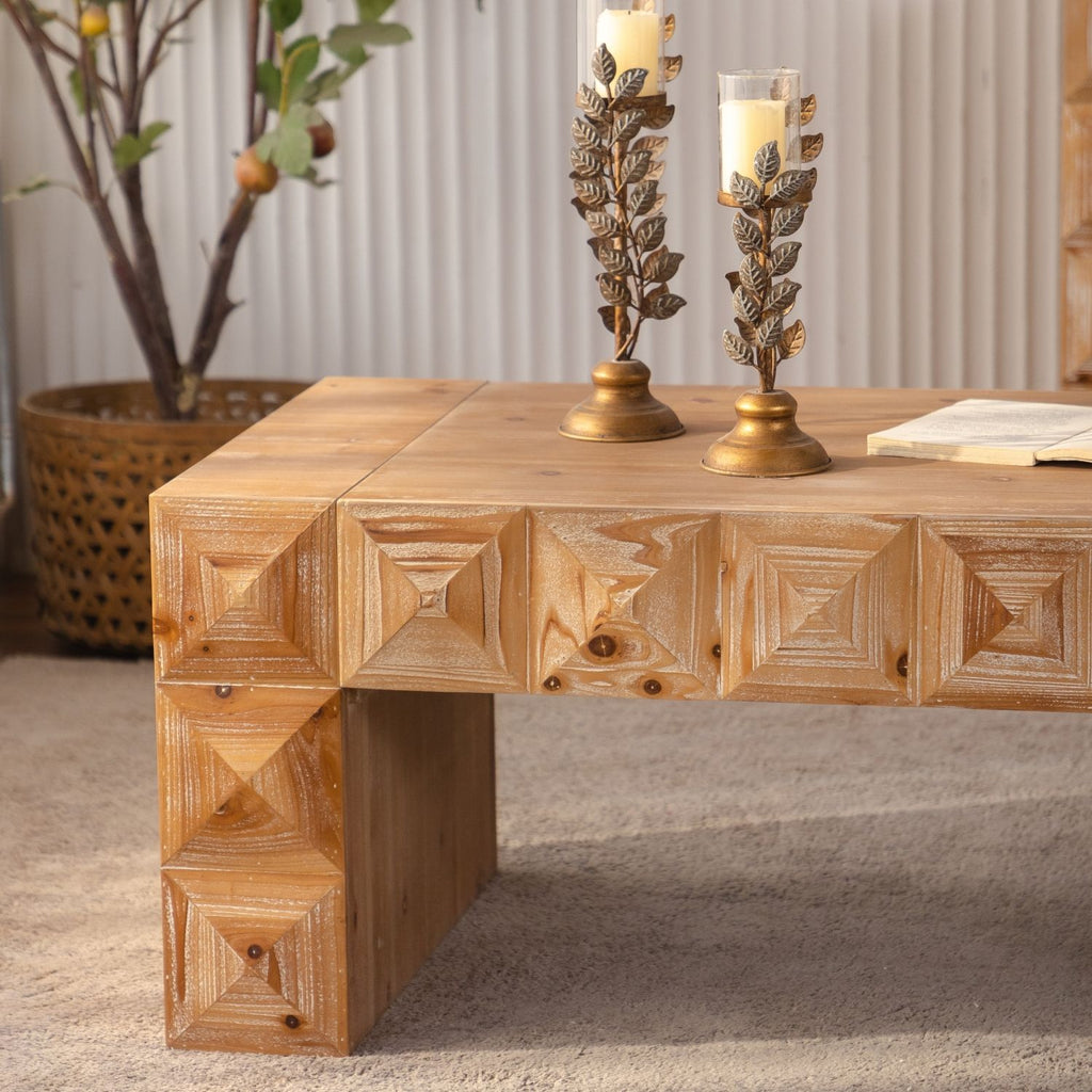 Rustic Geometric Relief Coffee Table - Solid Wood & MDF Rectangle Coffee Table with 3D Carved