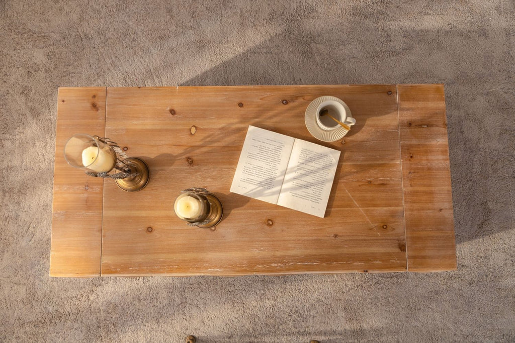 Rustic Geometric Relief Coffee Table - Solid Wood & MDF Rectangle Coffee Table with 3D Carved